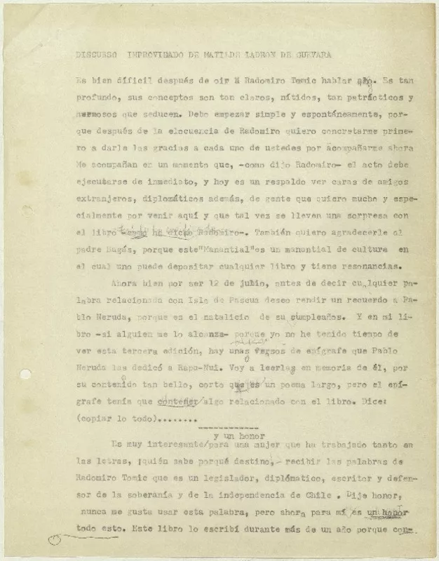 [Discurso improvisado sobre Rapa Nui]  [manuscrito] Matilde Ladrón de Guevara.