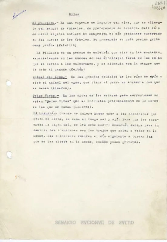 Mitos y creencias  [manuscrito] Oreste Plath.