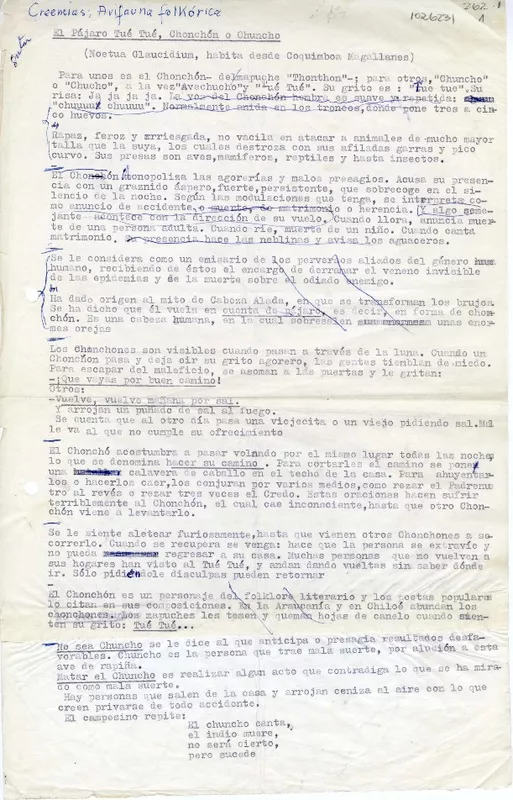 El pájaro Tué Tué, chonchón o chuncho  [manuscrito] Oreste Plath.