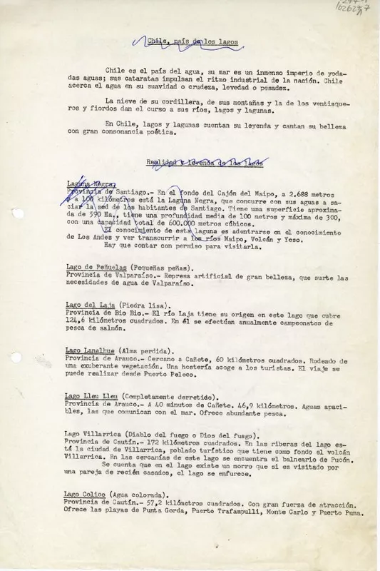 [Lagos y lagunas de Chile]  [manuscrito] Oreste Plath.