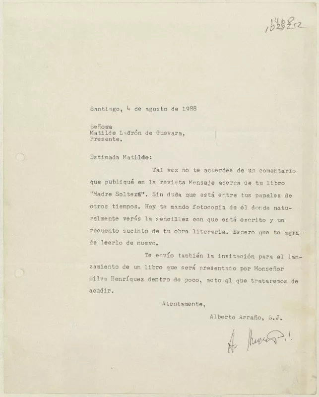 [Carta] 1988 agosto 4, Santiago, Chile [a] Matilde Ladrón de Guevara  [manuscrito] Alberto Arraño.