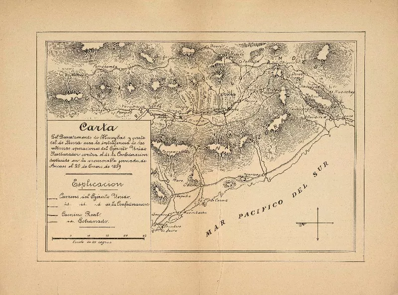 Carta del Departamento de Huaylas y parte del de Lima para la inteligencia de las últimas operaciones del Ejército Unido Restaurador contra el de la Confederación, destruido en la memorable jornada de Ancass el 20 de enero de 1839  [material cartográfico].