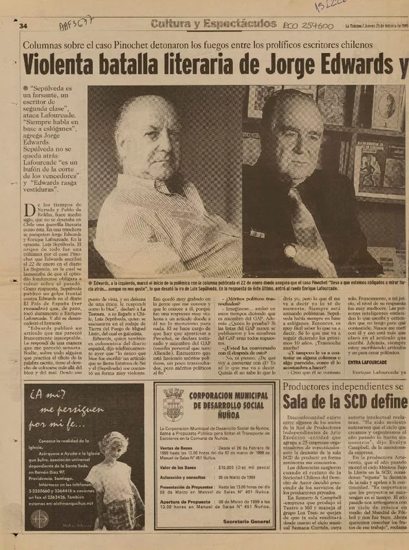 Violenta batalla literaria de Jorge Edwards y Enrique Lafourcade contra Sepúlveda  [artículo] Consuelo Hurtado.