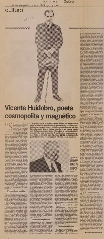 Vicente Huidobro, poeta cosmopolita y magnético  [artículo] Sergio Ramón Fuentealba.