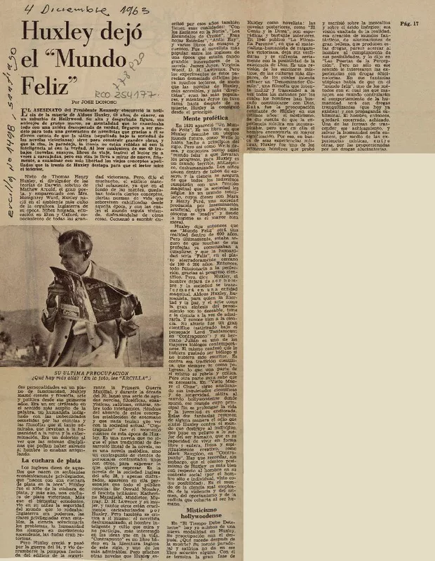 Huxley dejó el "Mundo feliz"  [artículo] José Donoso.