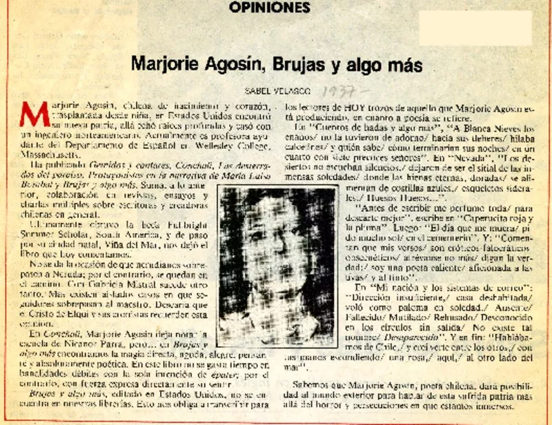 Marjorie Agosin, "Brujas y algo más"  [artículo] Isabel Velasco.