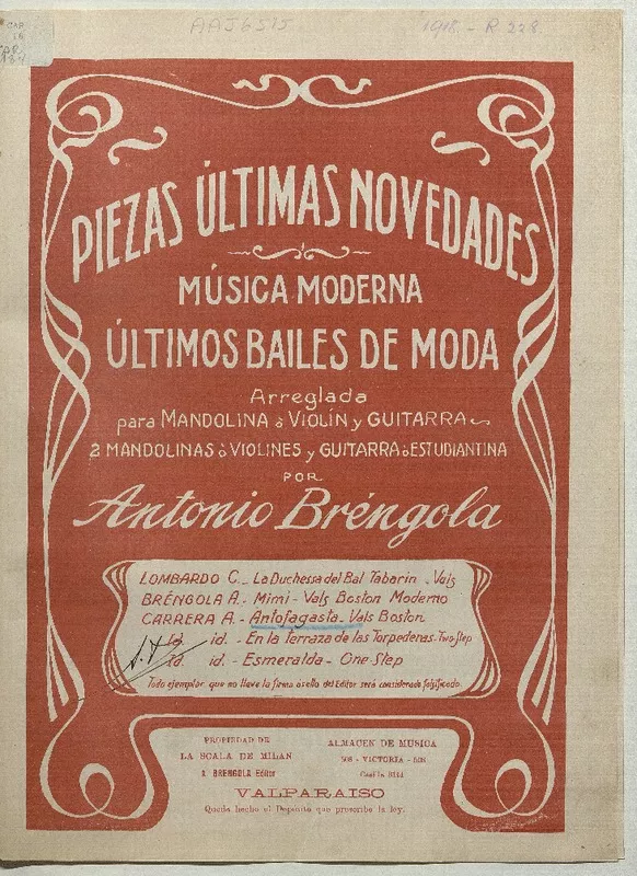 Antofagasta vals Boston, arreglado para mandolina o violín y guitarra [música] : música de A. Carrera ; arreglo de Antonio Bréngola.