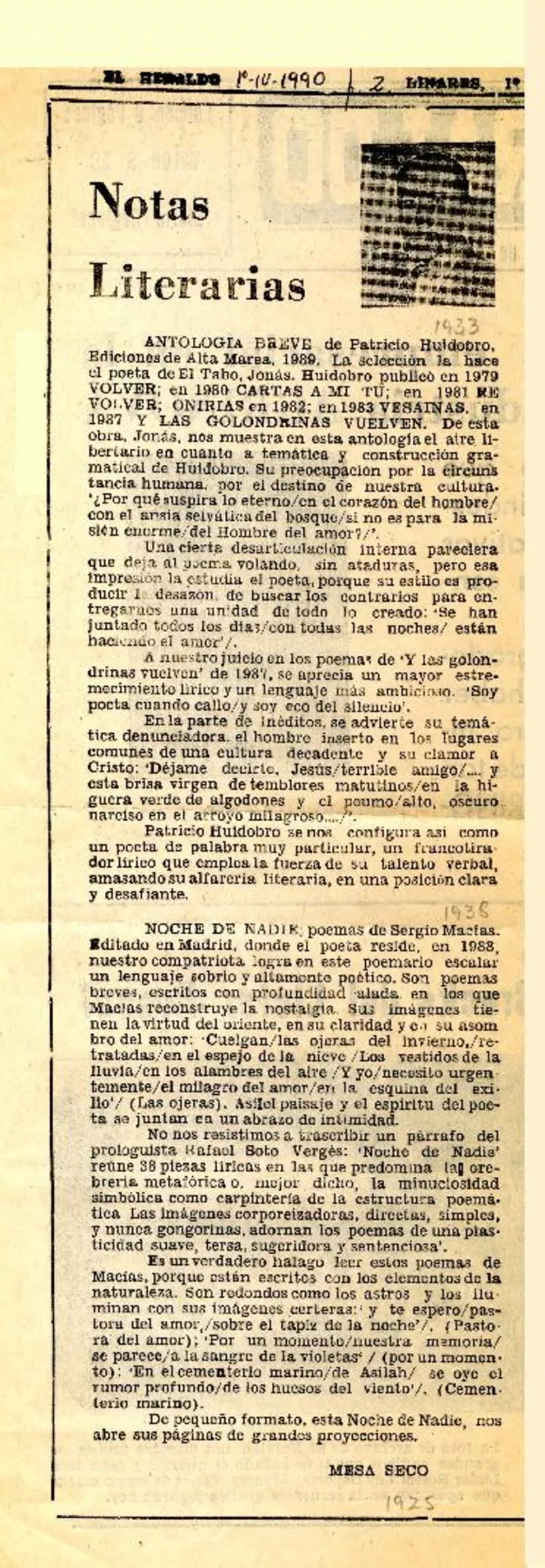 Notas literarias  [artículo] Mesa Seco.
