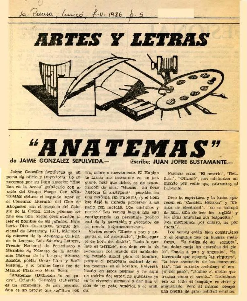 "Anatemas"  [artículo] Juan Jofré Bustamante.