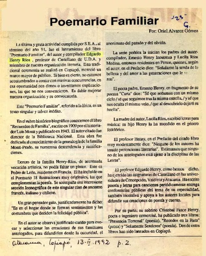 Poemario familiar  [artículo] Oriel Alvarez Gómez.