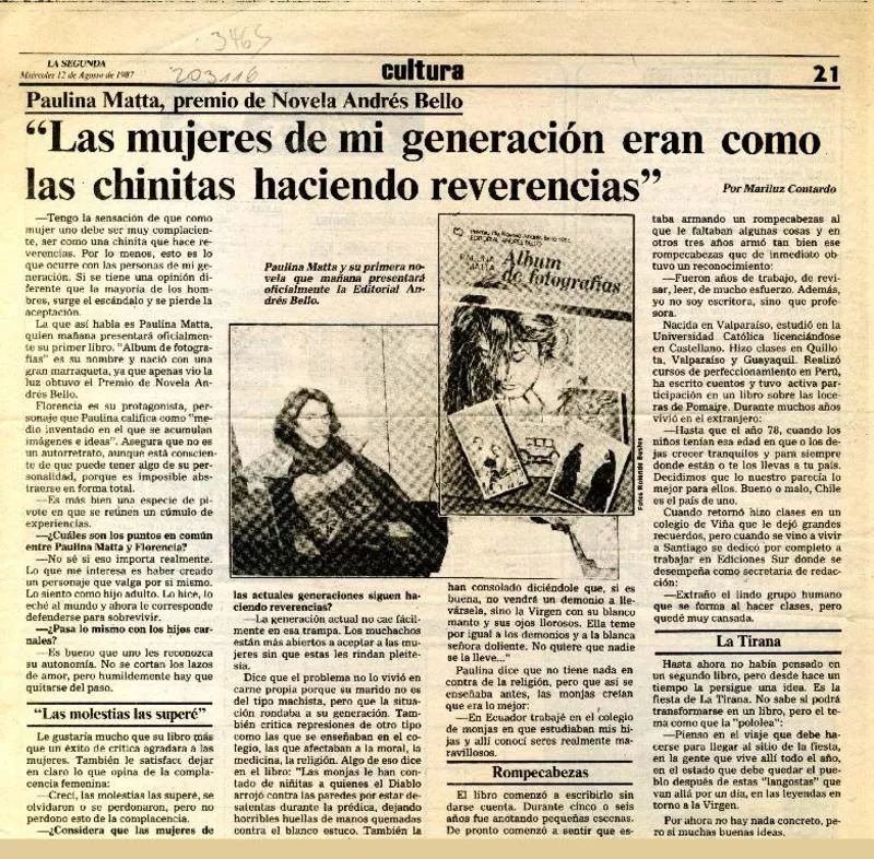 "Las mujeres de mi generación eran como las chinitas haciendo reverencias"  [artículo] Mariluz Contardo.