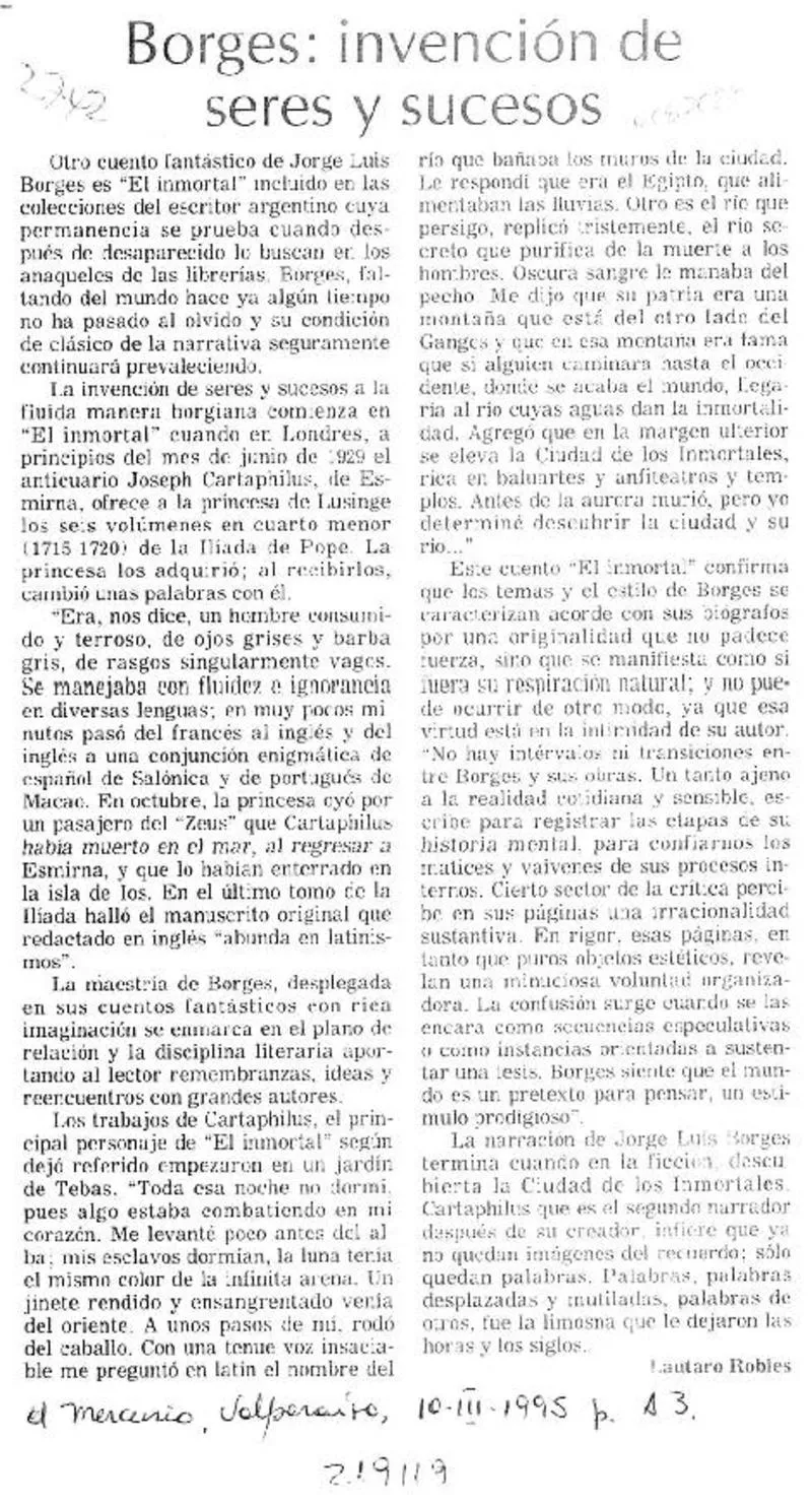 Borges, invención de seres y sucesos  [artículo] Lautaro Robles.