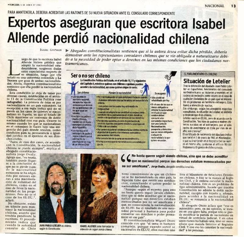 Expertos aseguran que escritora Isabel Allende perdió nacionalidad chilena  [artículo] Isabel Guzmán.
