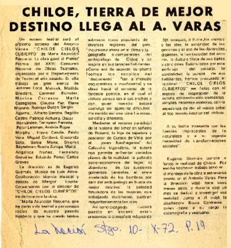 Chiloé, tierra de mejor destino llega al A. Varas.  [artículo]