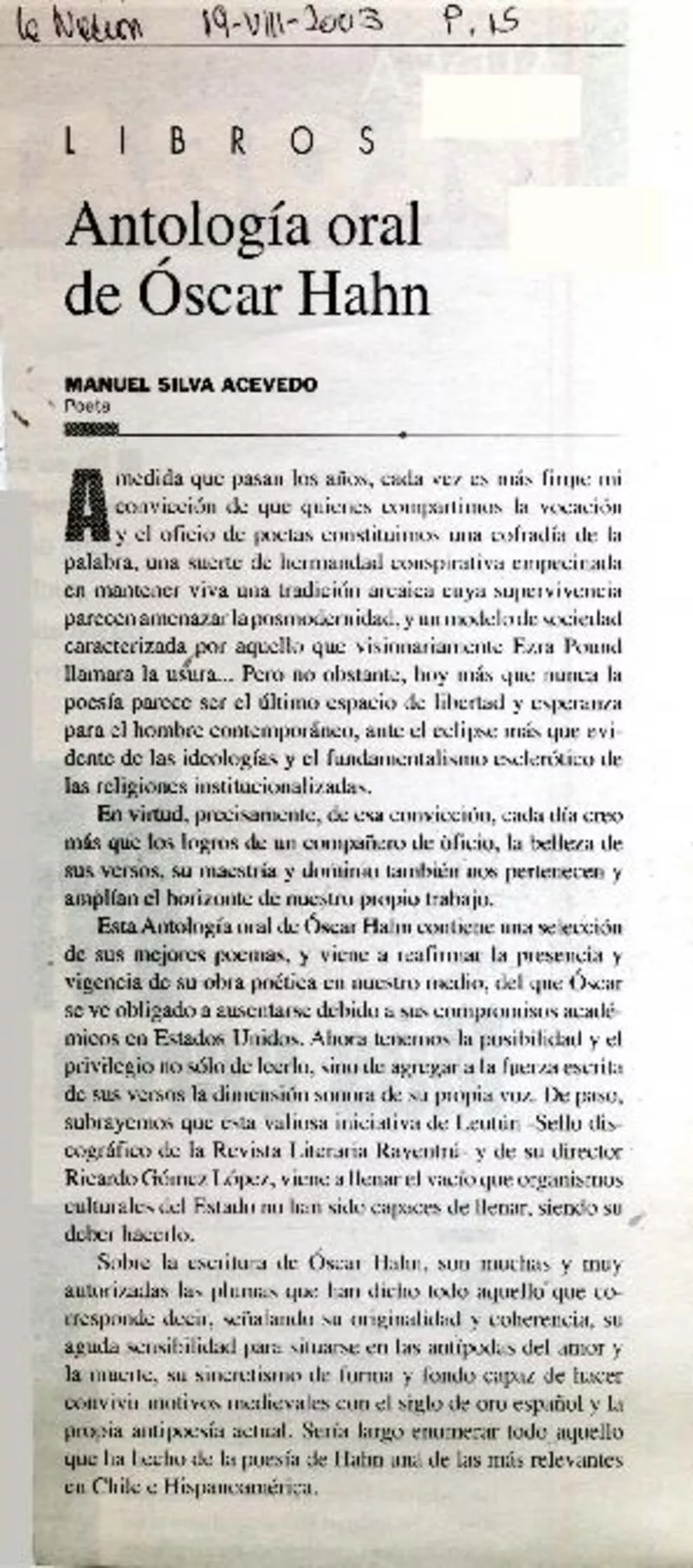 Antología oral de Oscar Hahn  [artículo] Manuel Silva Acevedo.