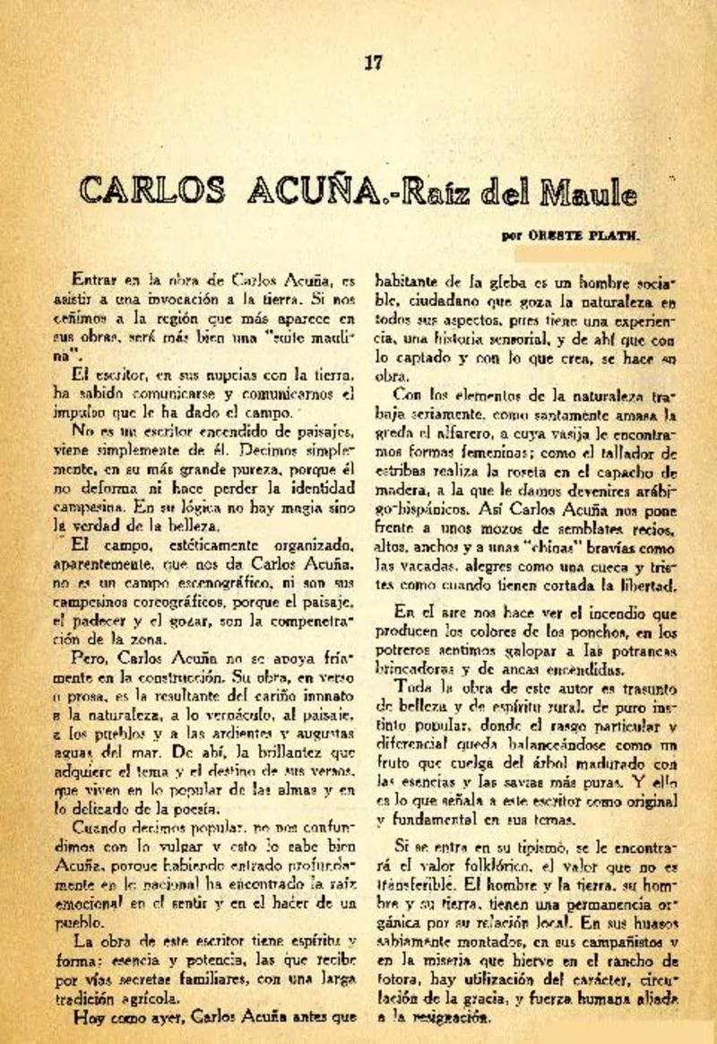 Carlos Acuña, raíz del Maule  [artículo] Oreste Plath.