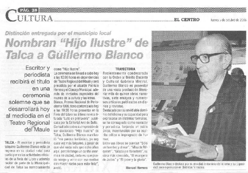 Nombran "Hijo Ilustre" de Talca a Guillermo Blanco  [artículo] Manuel Herrera.