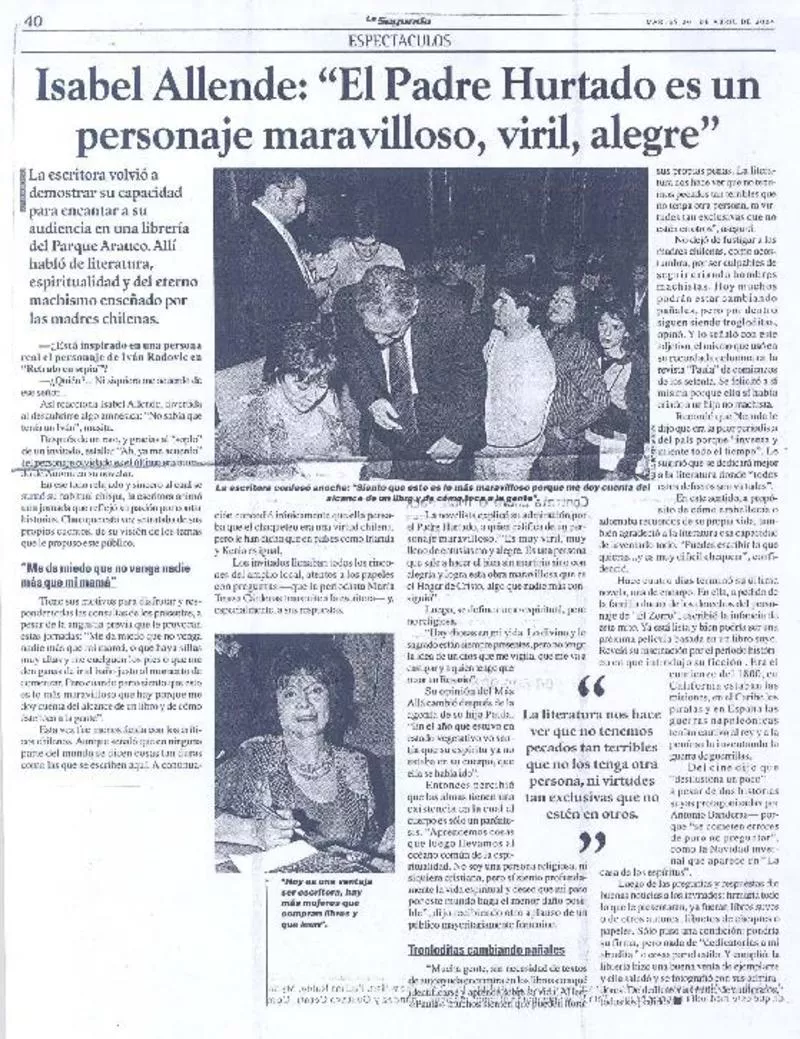 Isabel Allende: "El Padre Hurtado es un personaje maravilloso, viril, alegre"  [artículo].