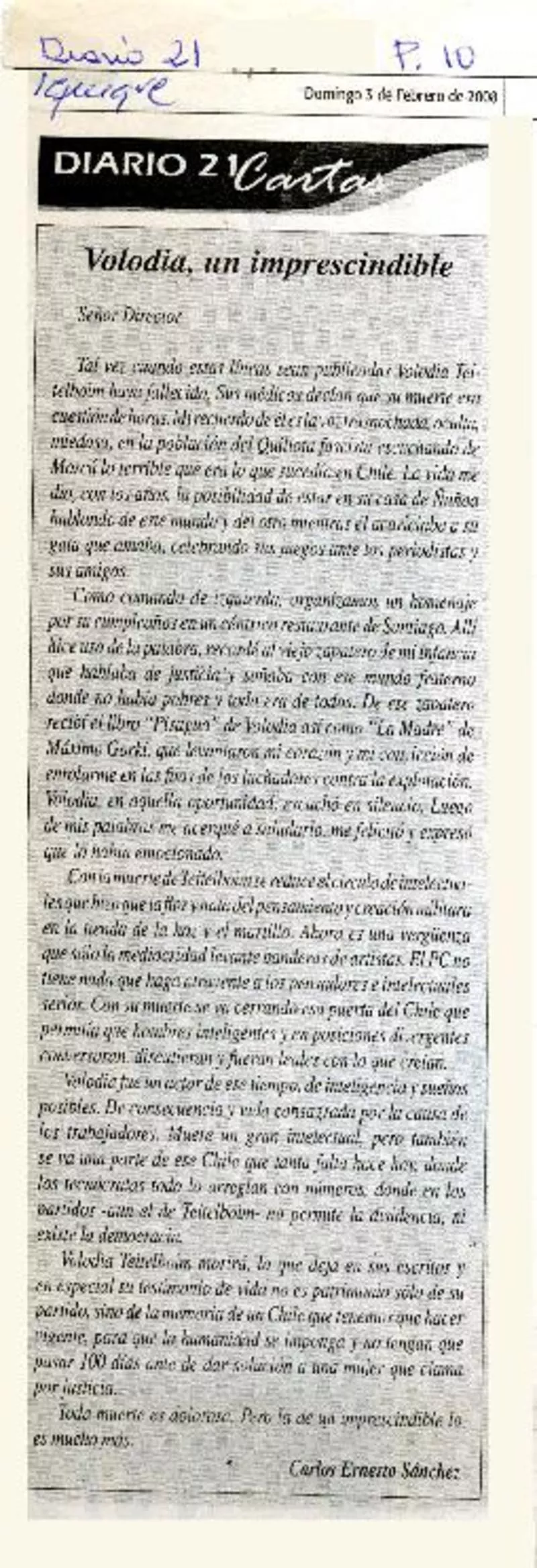 Volodia, un imprescindible  [artículo]Carlos Ernesto Sánchez.