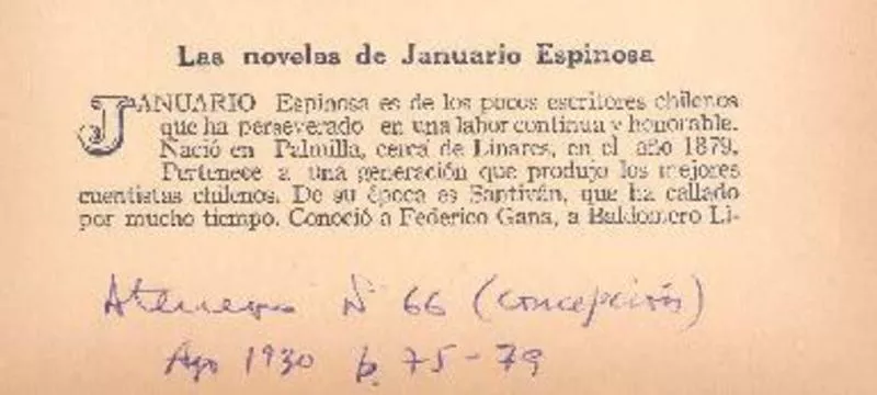 Las novelas de Januario Espinosa  [artículo] Ricardo A. Latcham.
