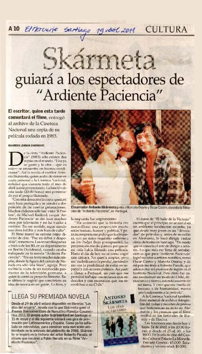 Skármeta guiará a los espectadores de Ardiente paciencia  [artículo] Maureen Lennon Zaninovic.