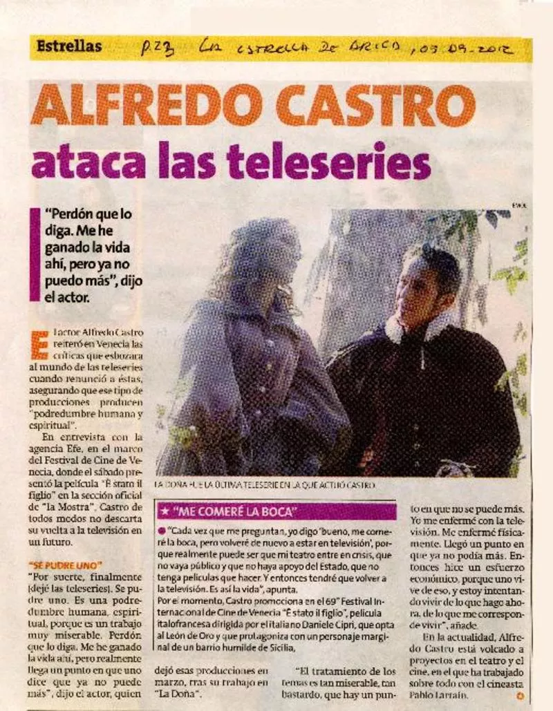 Alfredo Castro ataca las teleseries  [artículo]