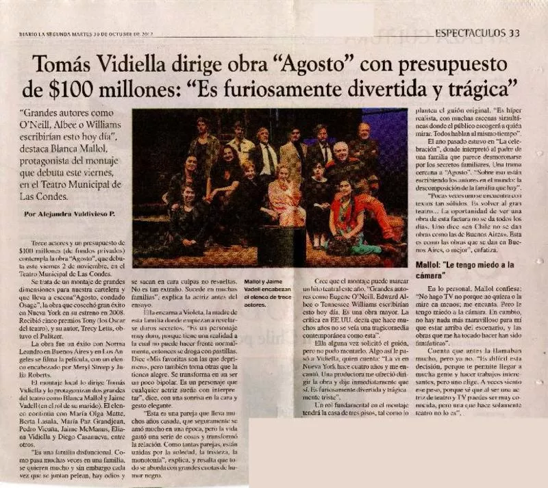 Tomás Vidiella dirige obra "Agosto" con presupuesto de $100 millones: "Es furiosamente divertida y trágica".  [artículo] Alejandra Valdivieso P.