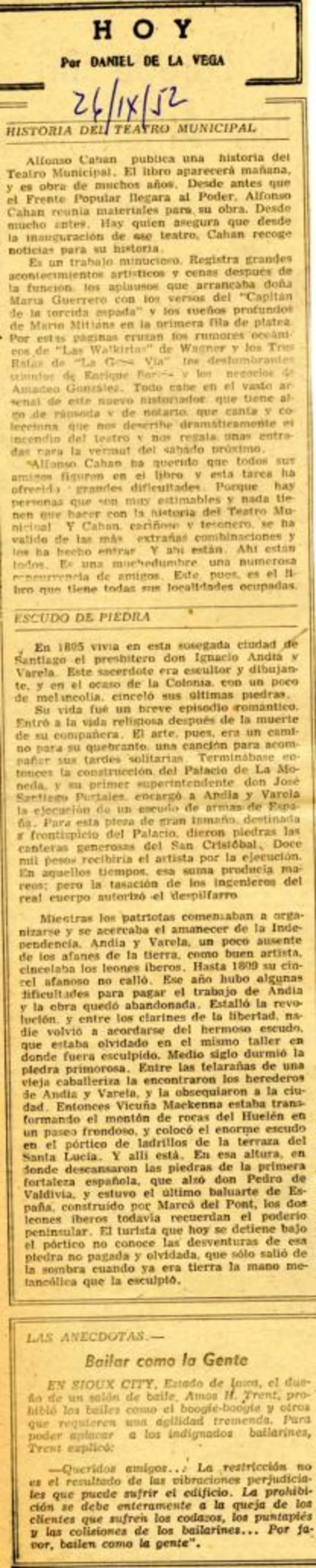 Historia del Teatro Municipal  [artículo] Daniel de la Vega