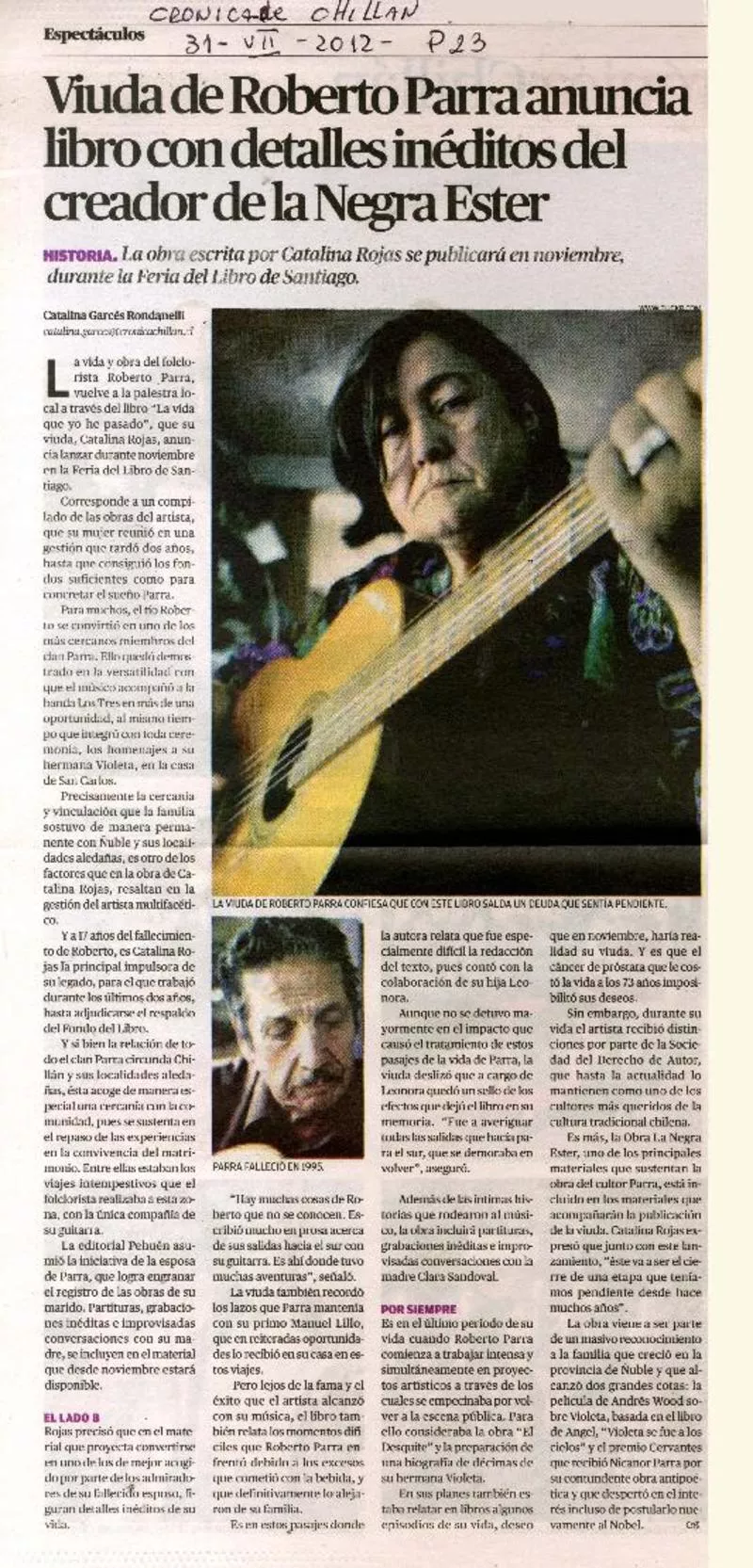 Viuda de Roberto Oarra anuncia libro con detalles inéditos del creador de la negra Ester  [artículo] Catalina Garcés Rondanelli.