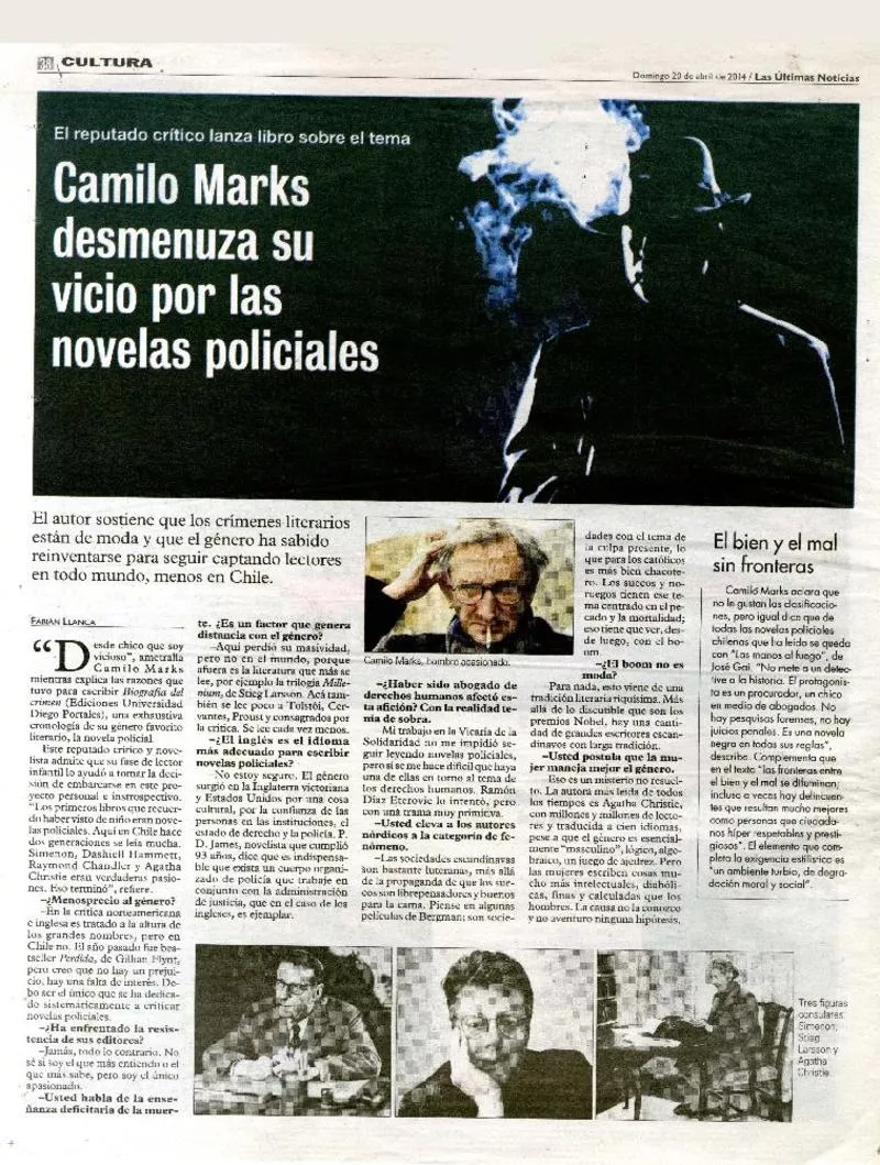 Camilo Marks desmenuza su vicio por las novelas policiales  [artículo] Fabián Llanca