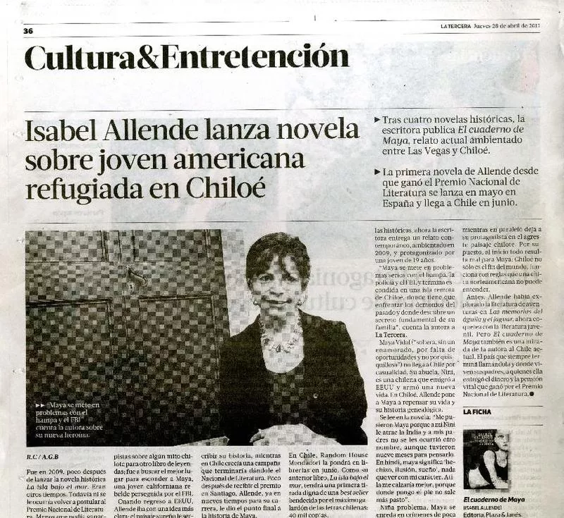 Isabel Allende lanza novela sobre joven americana refugiada en Chiloé  [artículo] R.C. y A.G.B.