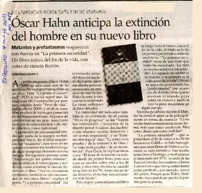 Óscar Hahn anticipa la extinción del hombre en su nuevo libro  [artículo] Constanza Rojas V.