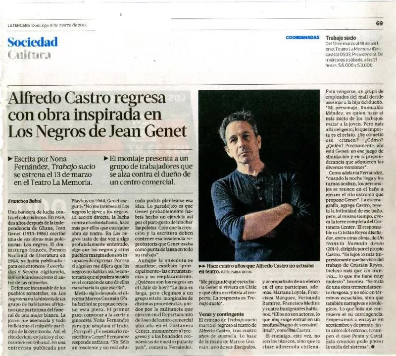 Alfredo Castro regresa con obra inspirada en los negros de Jean Genet  [artículo] Francisca Babul.