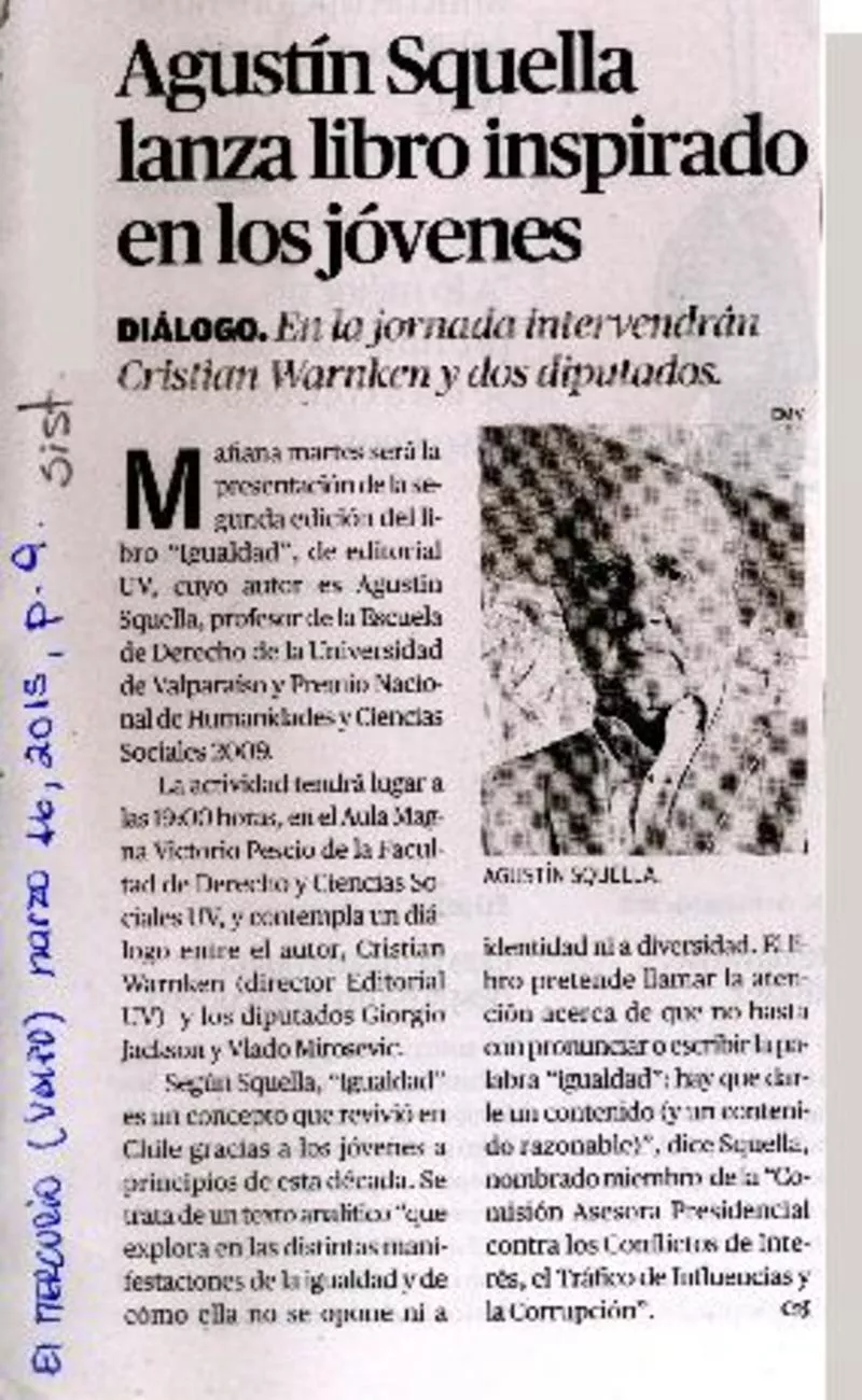 Agustín Squella lanza libro inspirado en lo jóvenes.  [artículo]