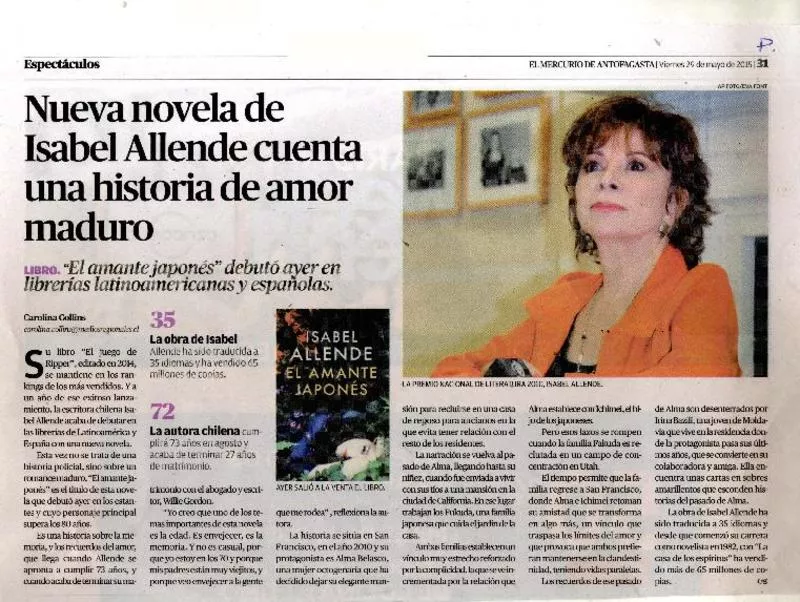 Nueva novela de Isabel Allende cuenta una historia de amor maduro  [artículo] Carolina Collins.