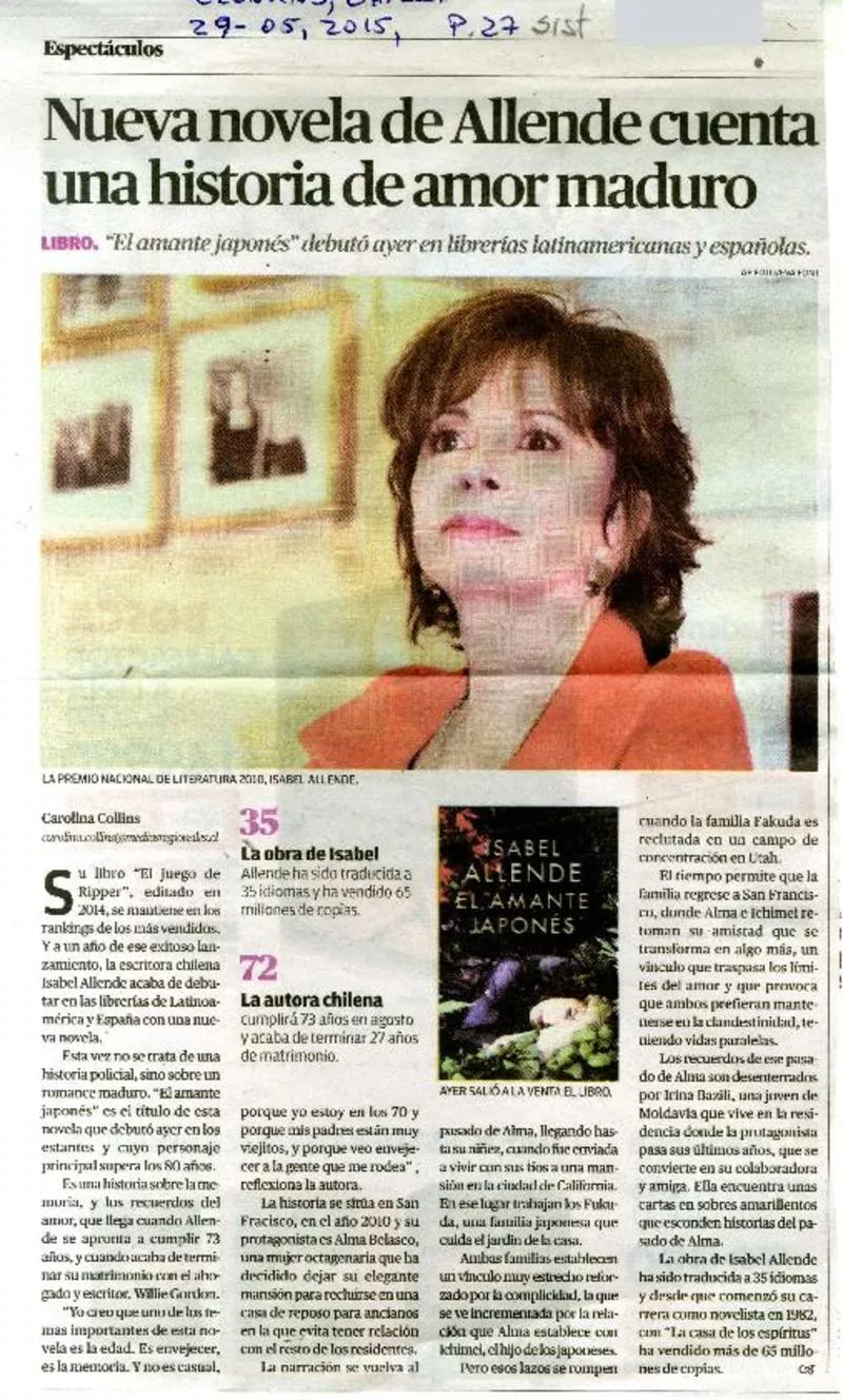 Nueva novela de Allende cuenta una historia de amor maduro  [artículo] Carolina Collins.