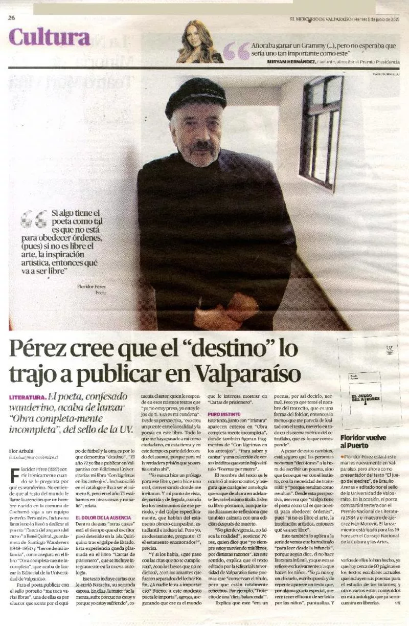 Pérez cree que el "destino" lo trajo a publicar en Valparaíso  [artículo] Flor Arbúlu.