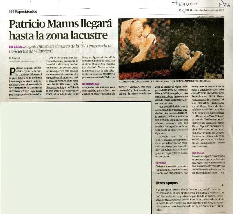 Patricio Manns llegará hasta la zona lacustre.  [artículo]