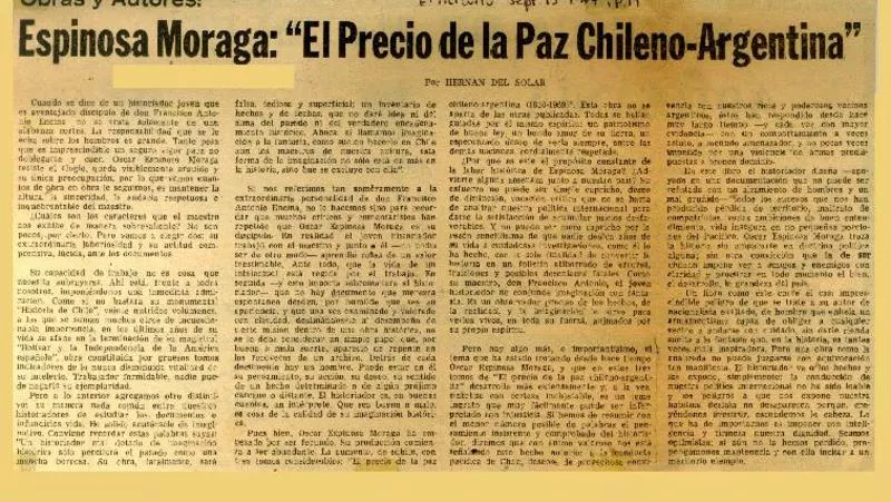 Espinosa Moraga: "El precio del a paz chileno-argentina"  [artículo] Hernán del Solar.