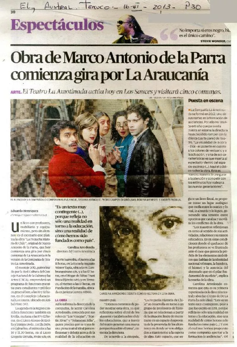 Obra de Marco Antonio de la Parra comienza gira por La Araucanía  [artículo] Eduardo Henríquez.