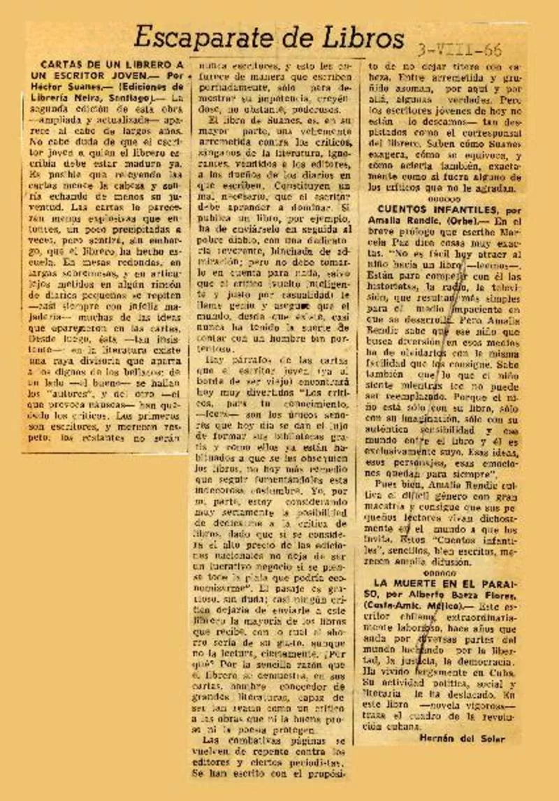 Cartas de un librero a un escritor jóven  [artículo] Hernán del Solar.