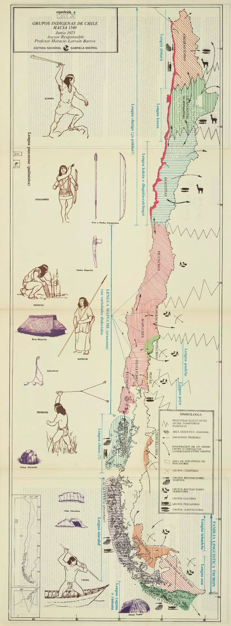 Grupos índigenas de Chile hacia 1540  [material cartográfico] asesor responsable profesor Horacio Larraín Barros.