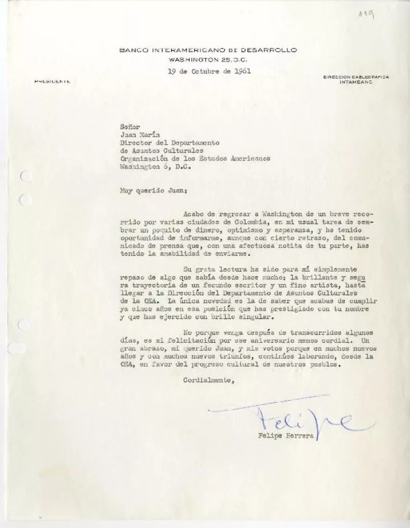 [Carta] 1961 octubre 19, Washington, D.C. [a] Juan Marín  [manuscrito] Felipe Herrera.