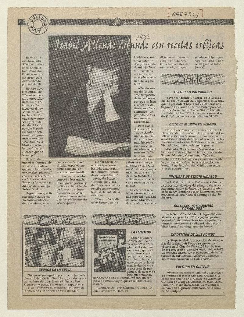 Isabel Allende difunde con recetas eróticas  [artículo].