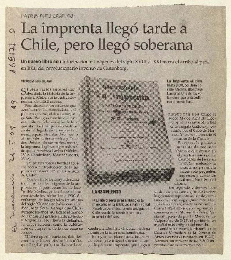 La imprenta llegó tarde a Chile, pero llegó soberana  [artículo] Víctor M. Mandujano.