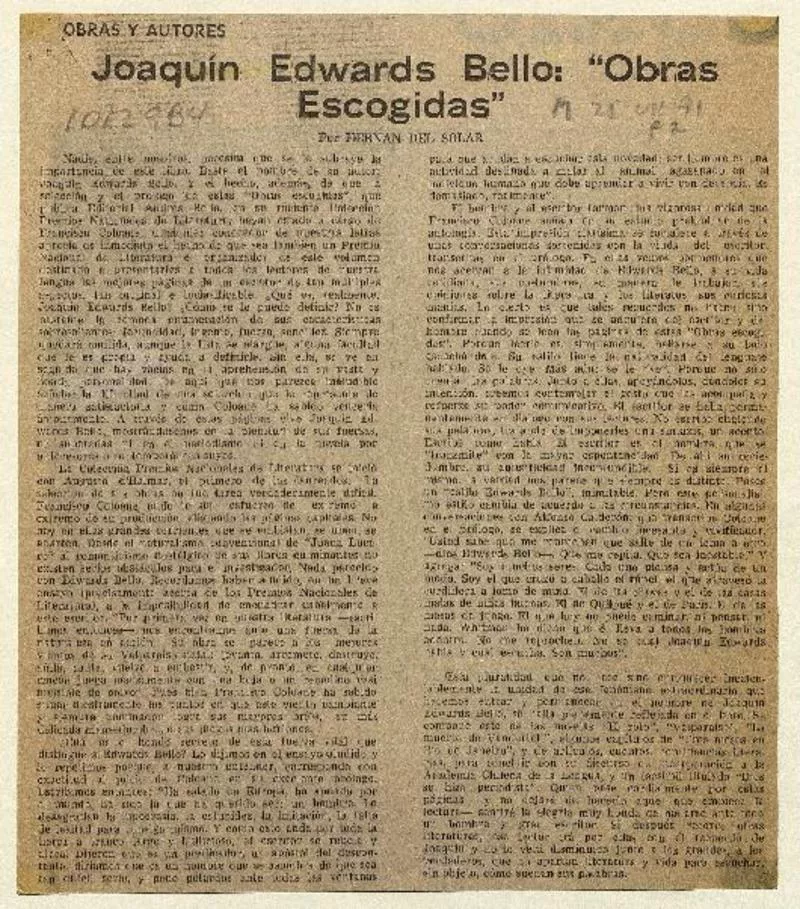 Obras escogidas  [artículo] Hernán del Solar.