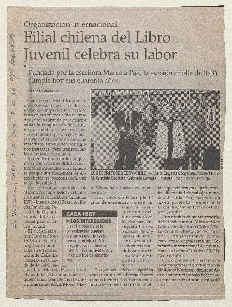 Filial chilena del libro juvenil celebra labor  [artículo] Paulina Cabanillas F.