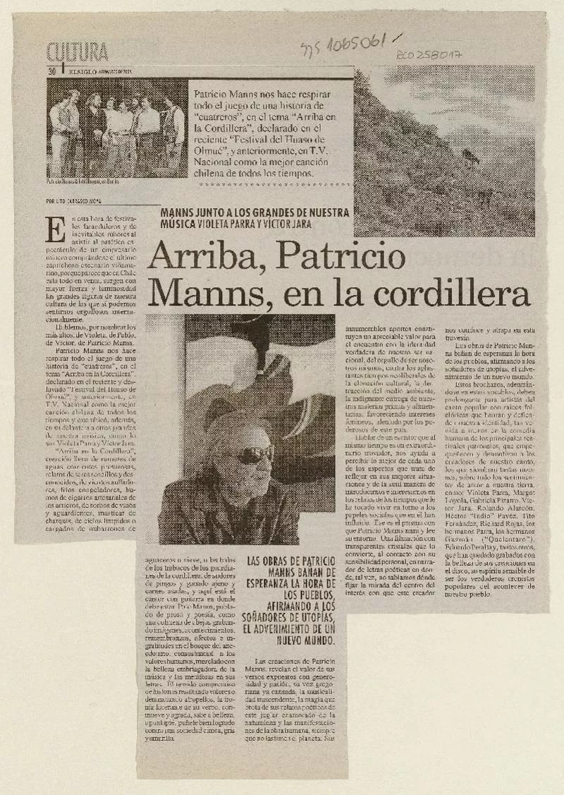 Arriba, Patricio Manns, en la cordillera  [artículo] Lito Carrasco Moya.