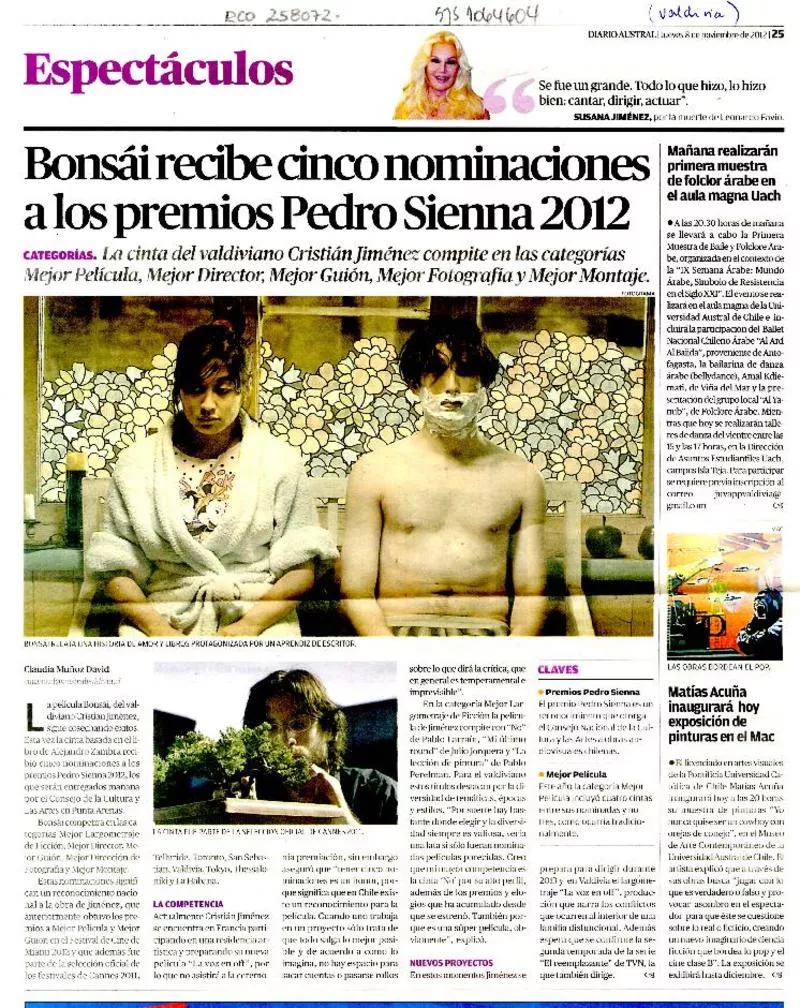 Bonsái recibe cinco nominaciones a los premios Pedro Sienna 2012  [artículo] Claudia Muñoz.