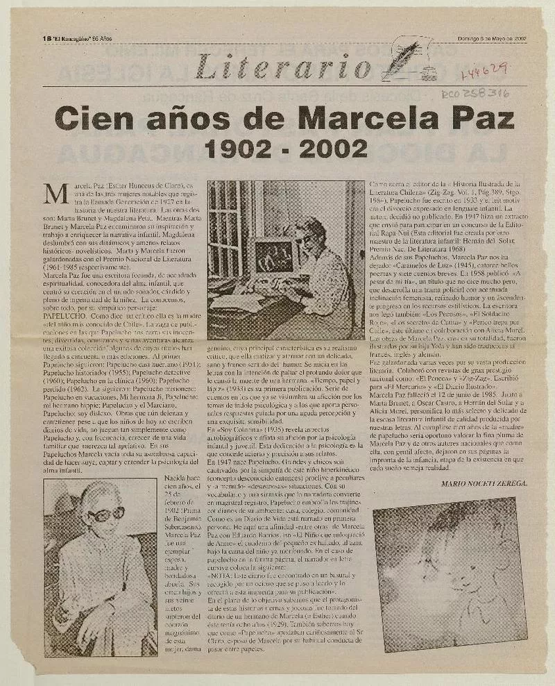 Cien años de Marcela Paz, 1902-2002  [artículo] Mario Noceti Zerega.